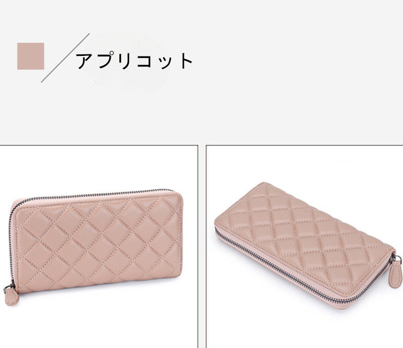 羊革財布 ラムスキン財布 ラウンドファスナー長財布 マトラッセ財布 本革 黒 ピンク ベージュ ネイビー