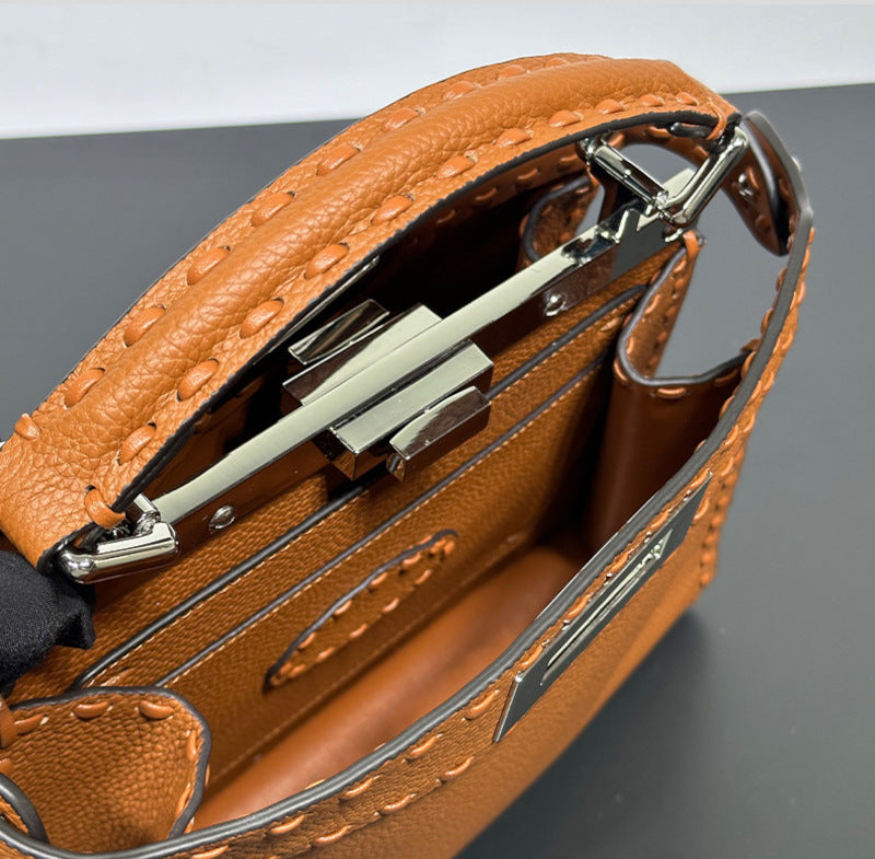 本革ハンドバッグ ステッチ入りバッグ 2wayバッグ エトゥープ 黒茶 レディース