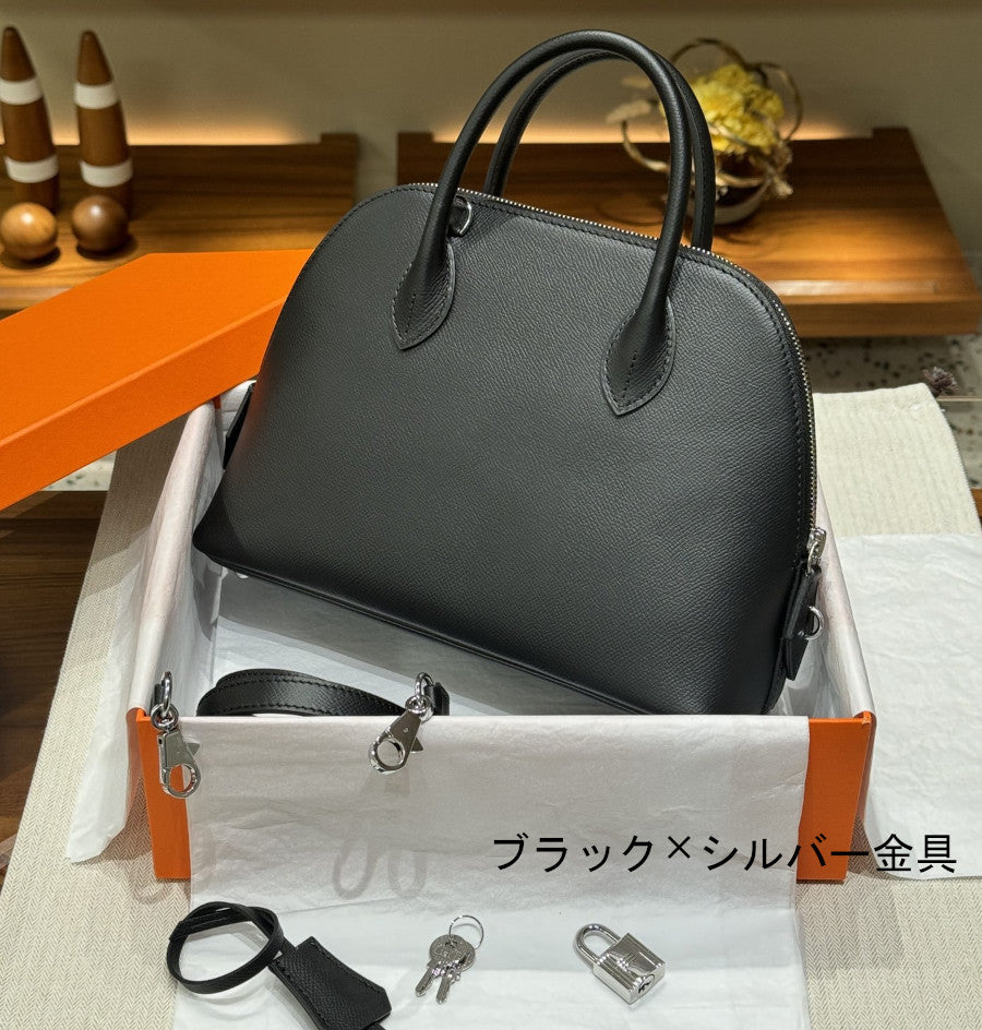 本革ブガッティハンドバッグ エトゥープ 黒 ゴールド 25cm ボリード風 エプソン風