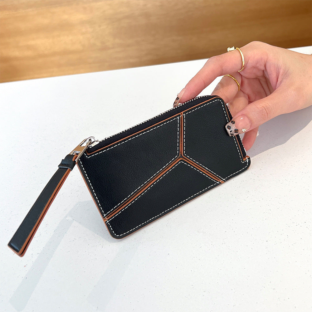 薄型財布 ラウンドファスナー レディース 本革二つ折り財布 本革コインケース パズル風 黒 ピンク