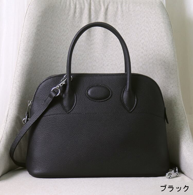 本革ブガッティハンドバッグ エトゥープ 黒 ブルージーン 31cm レディース