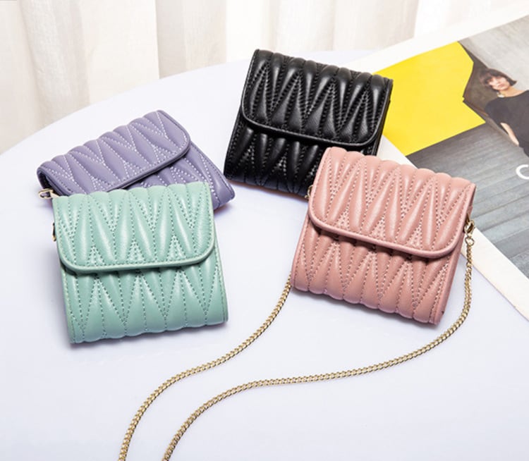 マテラッセ風 本革長財布 ラムスキン 2wayチェーンウォレット ピンク