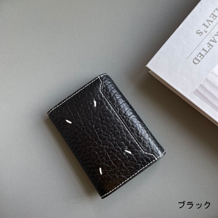 本革二つ折り財布 4ステッチ入り かぶせ付 カラーバリエーション 黒 レディース