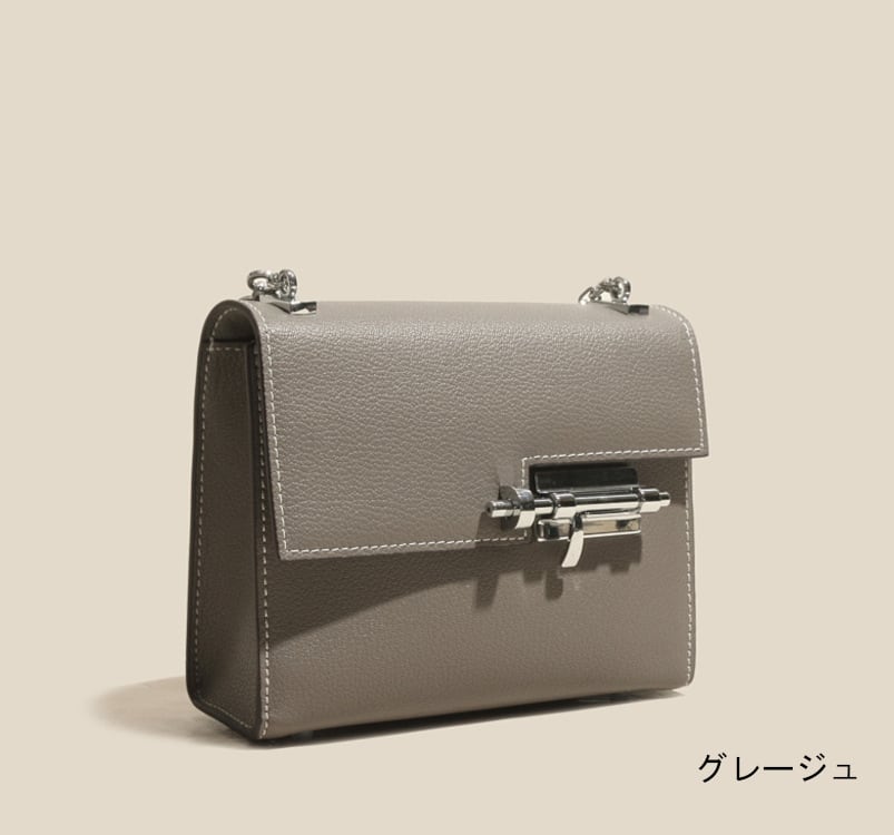 本革チェーンショルダーバッグ 黒 紫 グレージュ