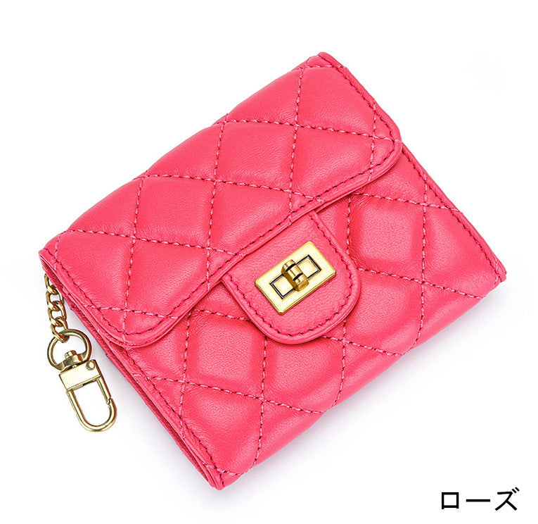 羊革財布 ラムスキン財布 マトラッセ財布 本革二つ折り財布 キーチェーン付 本革小銭入れ 黒 ピンク ベージュ ネイビー