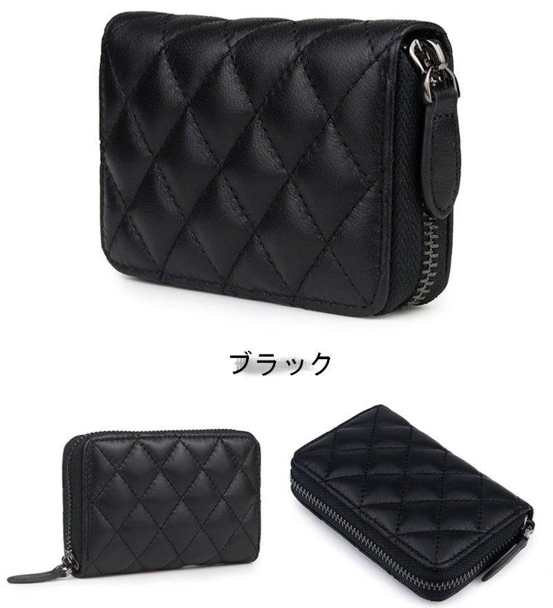 羊革財布 ラムスキン財布 マトラッセ財布 本革二つ折り財布 ラウンドファスナー 黒 グリーン ピンク ベージュ