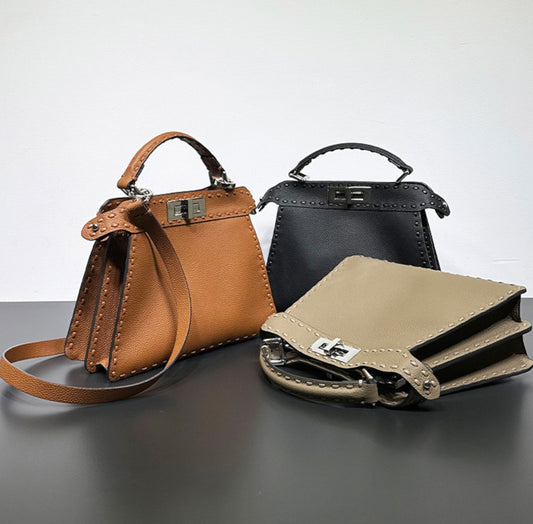 本革ハンドバッグ  ステッチ入りバッグ 2wayバッグ エトゥープ 黒茶 レディース