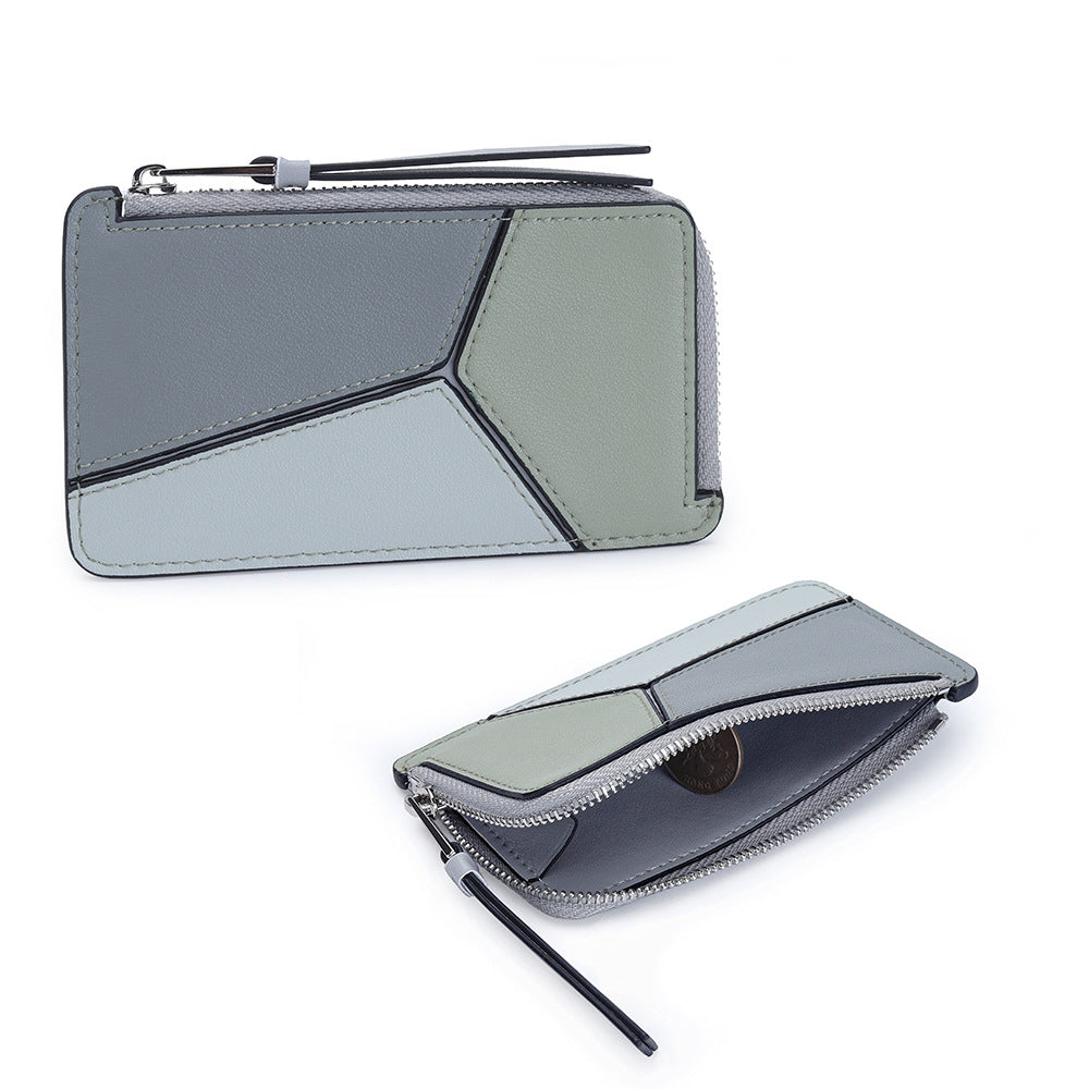 薄型財布 ラウンドファスナー レディース 本革二つ折り財布 本革コインケース パズル風 黒 ピンク