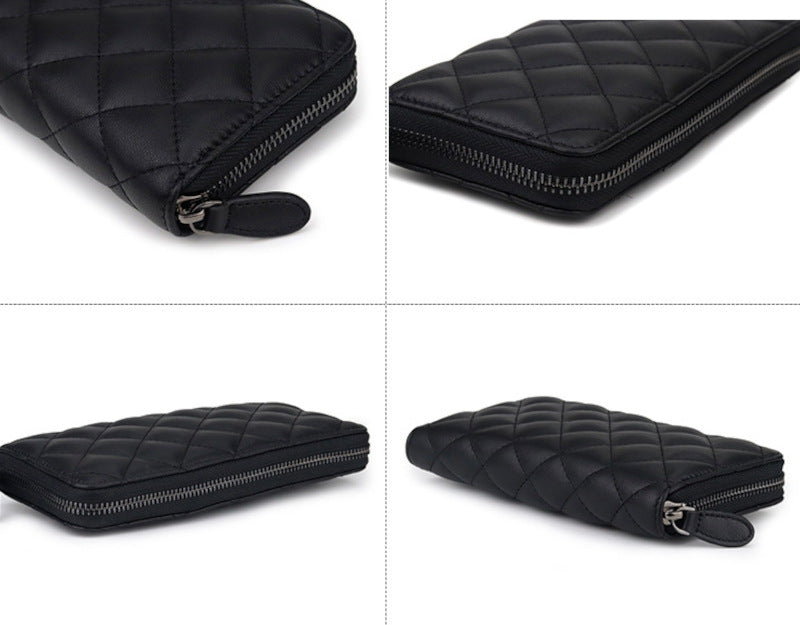 羊革財布 ラムスキン財布 マトラッセ財布 本革ラウンドファスナー長財布 黒 ブラック