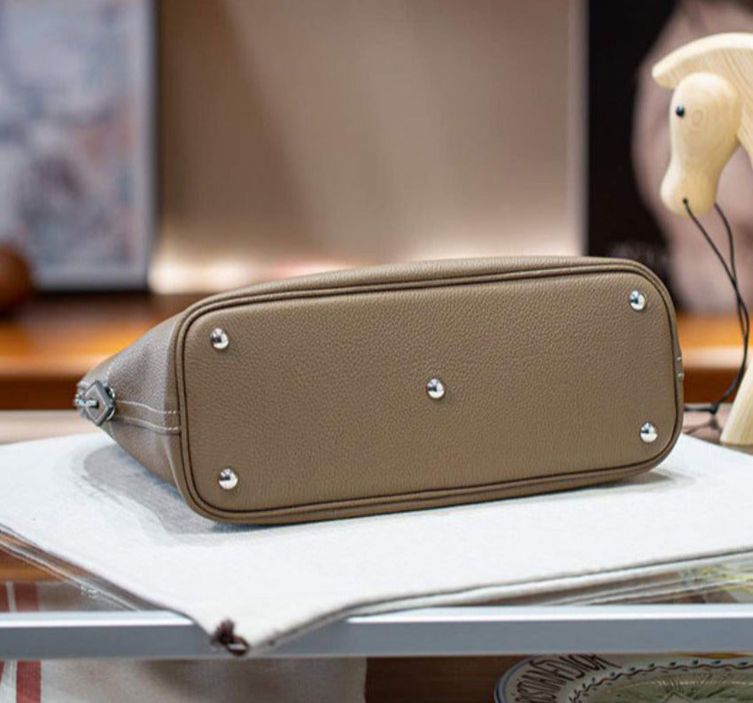 本革ブガッティハンドバッグ プレミア エトゥープ 黒 ブルージーン 31cm ボリード風 レディース