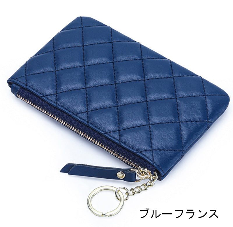 羊革財布 ラムスキン財布 マトラッセ財布 キーチェーン付 本革小銭入れ 黒 赤 ピンク グレー ネイビー