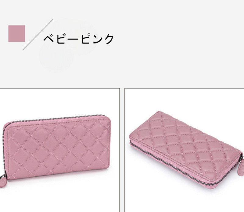 羊革財布 ラムスキン財布 ラウンドファスナー長財布 マトラッセ財布 本革 黒 ピンク ベージュ ネイビー