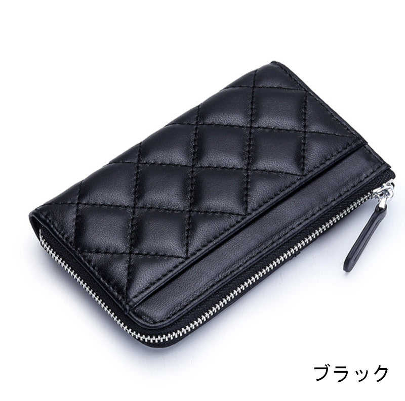 羊革財布 ラムスキン財布 マトラッセ財布 本革二つ折り財布 ラウンドファスナー 黒 ピンク ベージュ ネイビー