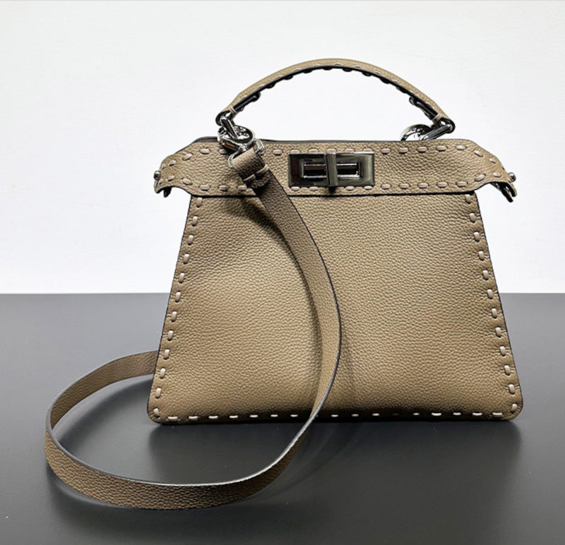 本革ハンドバッグ  ステッチ入りバッグ 2wayバッグ エトゥープ 黒茶 レディース