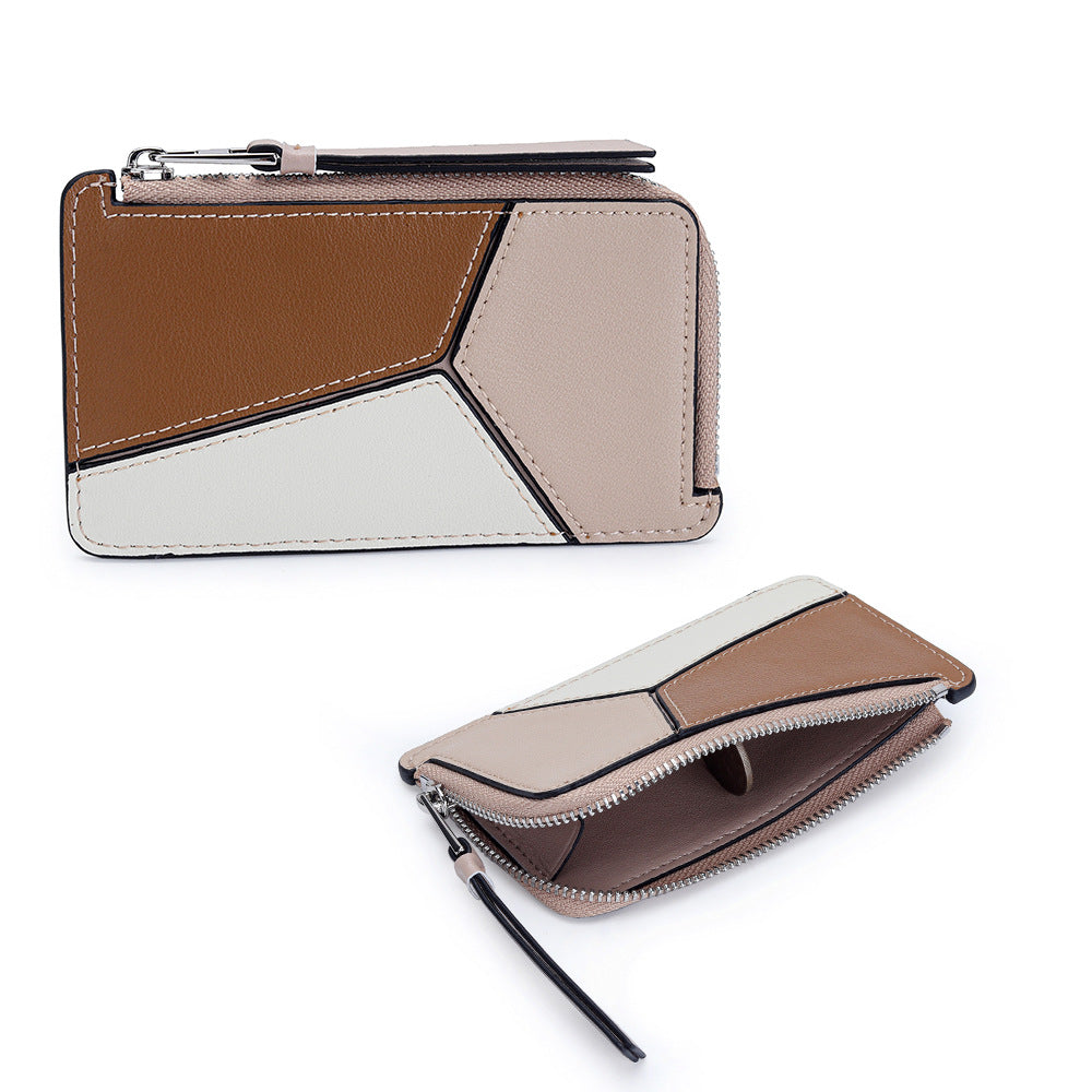 薄型財布 ラウンドファスナー レディース 本革二つ折り財布 本革コインケース パズル風 黒 ピンク