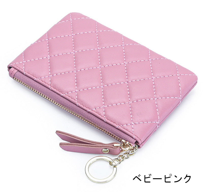 羊革財布 ラムスキン財布 マトラッセ財布 キーチェーン付 本革小銭入れ 黒 赤 ピンク グレー ネイビー