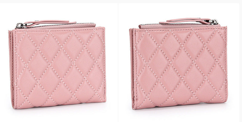 羊革財布 ラムスキン財布 マトラッセ財布 本革二つ折り財布 ファスナー付 黒 ピンク レディース