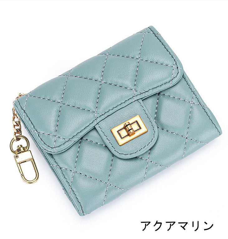 羊革財布 ラムスキン財布 マトラッセ財布 本革二つ折り財布 キーチェーン付 本革小銭入れ 黒 ピンク ベージュ ネイビー