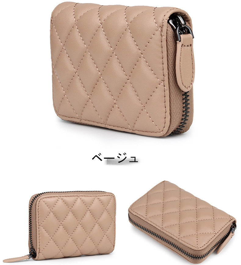 羊革財布 ラムスキン財布 マトラッセ財布 本革二つ折り財布 ラウンドファスナー 黒 グリーン ピンク ベージュ