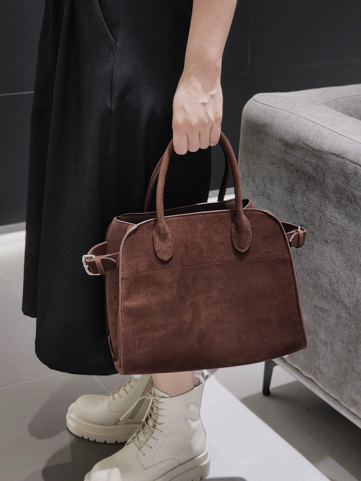 サイドベルト本革トートバッグ 10 12インチ スエード 2wayタイプバック ブラック トープ エクリュ