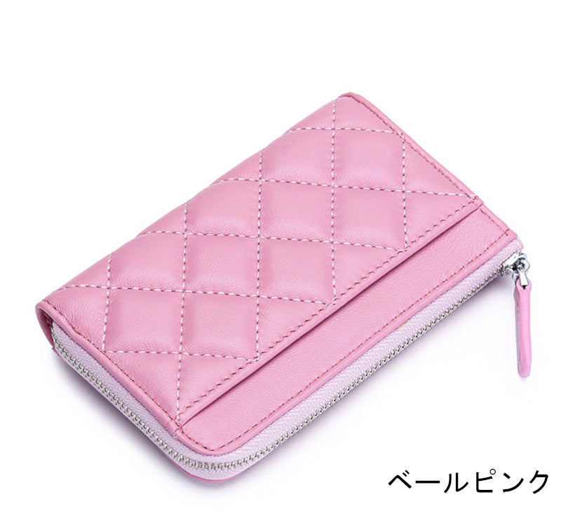 羊革財布 ラムスキン財布 マトラッセ財布 本革二つ折り財布 ラウンドファスナー 黒 ピンク ベージュ ネイビー