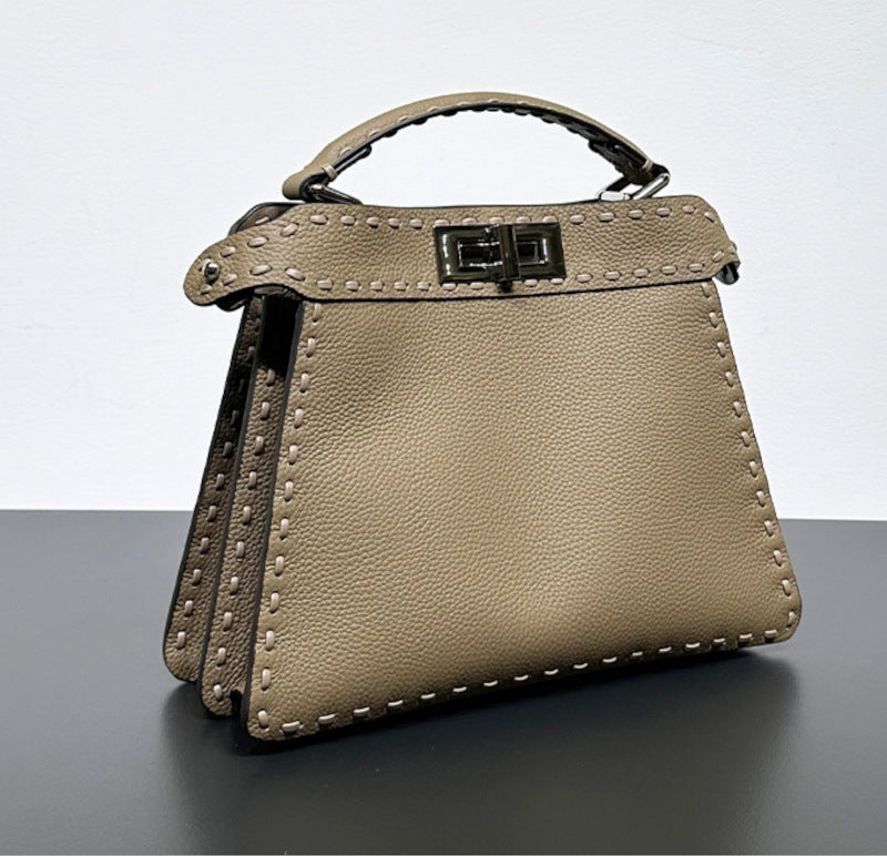 本革ハンドバッグ  ステッチ入りバッグ 2wayバッグ エトゥープ 黒茶 レディース