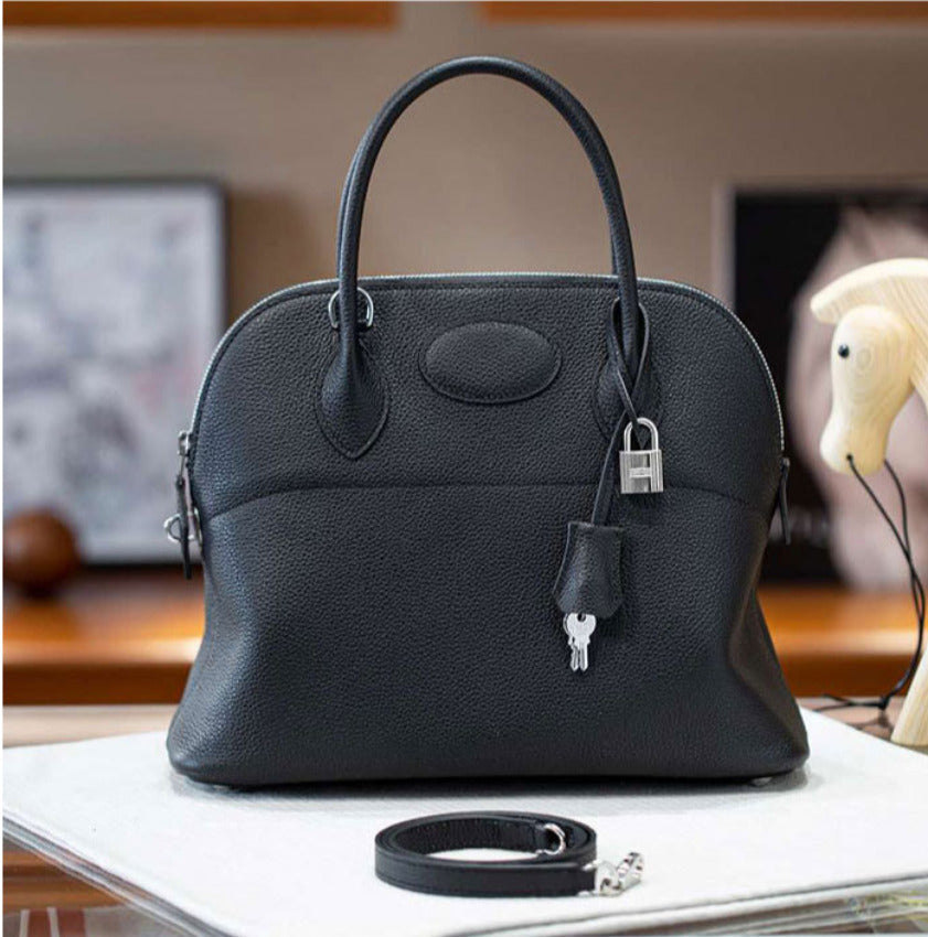 本革ブガッティハンドバッグ プレミア エトゥープ 黒 ブルージーン 31cm ボリード風 レディース