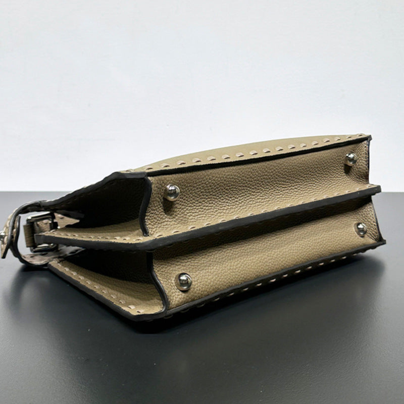 本革ハンドバッグ  ステッチ入りバッグ 2wayバッグ エトゥープ 黒茶 レディース