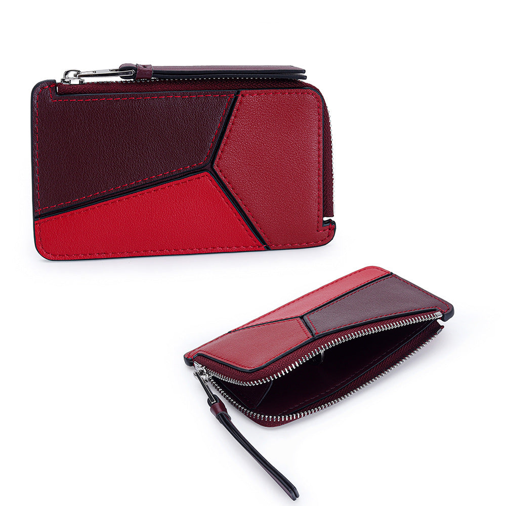 薄型財布 ラウンドファスナー レディース 本革二つ折り財布 本革コインケース パズル風 黒 ピンク