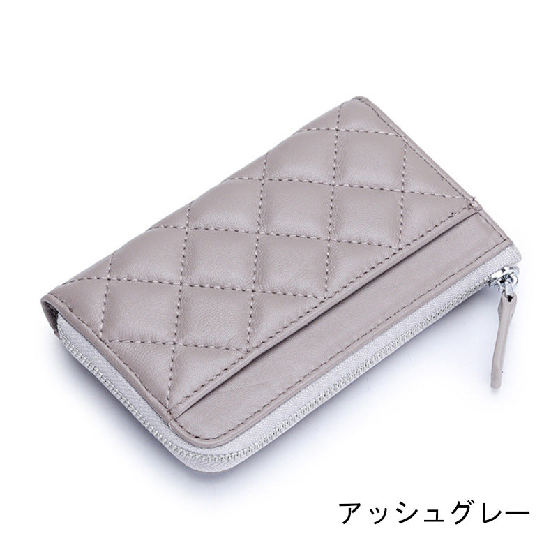 羊革財布 ラムスキン財布 マトラッセ財布 本革二つ折り財布 ラウンドファスナー 黒 ピンク ベージュ ネイビー