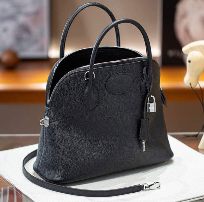 本革ブガッティハンドバッグ プレミア エトゥープ 黒 ブルージーン 31cm ボリード風 レディース