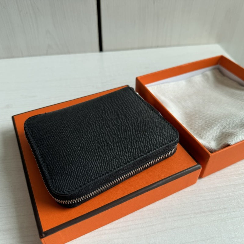 本革ラウンドファスナー二つ折り財布 リバーシブル エプソン革　黒 オレンジ 白 ブルー