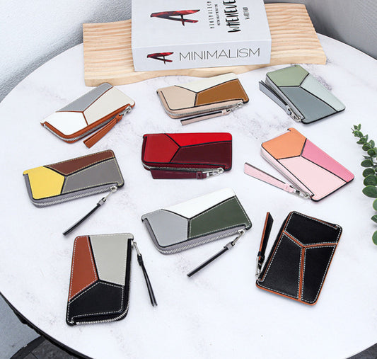 薄型財布 ラウンドファスナー レディース 本革二つ折り財布 本革コインケース パズル風 黒 ピンク