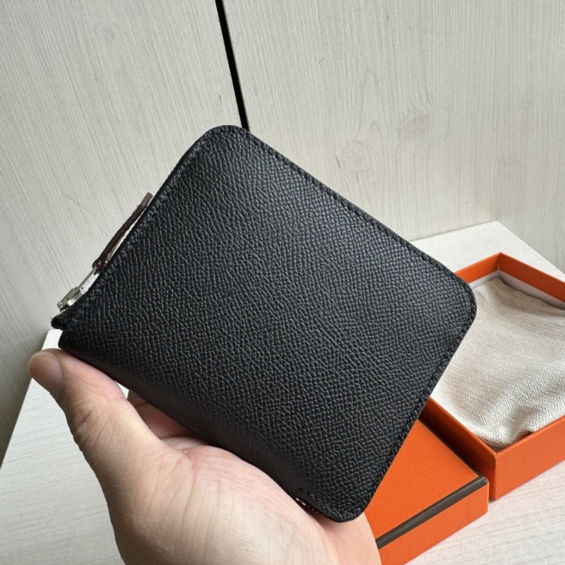 本革ラウンドファスナー二つ折り財布 リバーシブル エプソン革　黒 オレンジ 白 ブルー