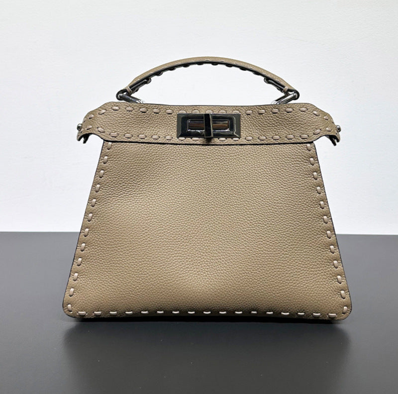 本革ハンドバッグ  ステッチ入りバッグ 2wayバッグ エトゥープ 黒茶 レディース