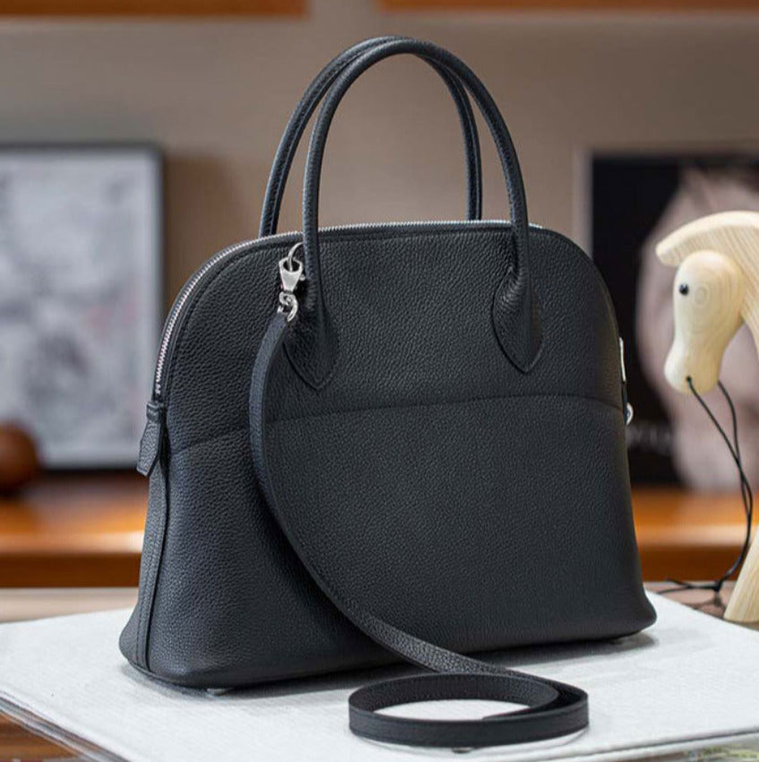 本革ブガッティハンドバッグ プレミア エトゥープ 黒 ブルージーン 31cm ボリード風 レディース