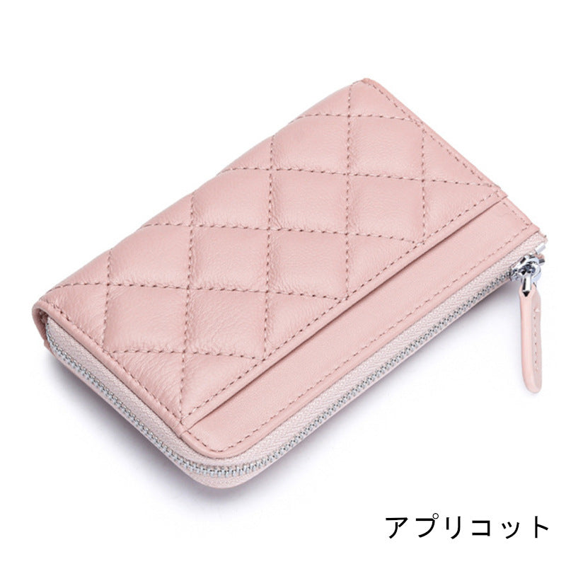 羊革財布 ラムスキン財布 マトラッセ財布 本革二つ折り財布 ラウンドファスナー 黒 ピンク ベージュ ネイビー