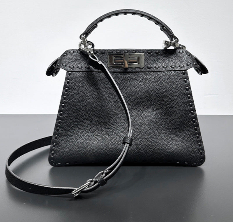 本革ハンドバッグ  ステッチ入りバッグ 2wayバッグ エトゥープ 黒茶 レディース