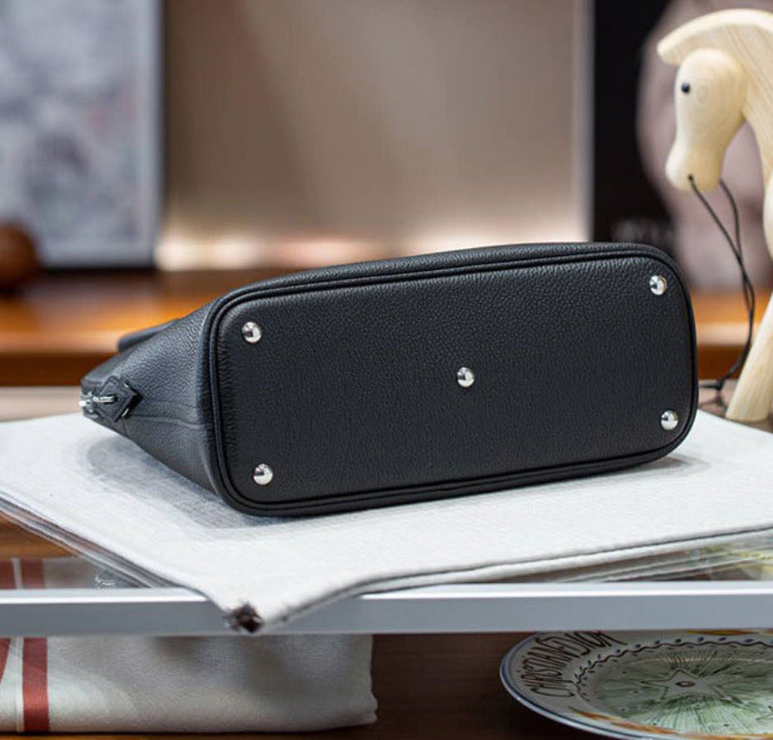 本革ブガッティハンドバッグ プレミア エトゥープ 黒 ブルージーン 31cm ボリード風 レディース