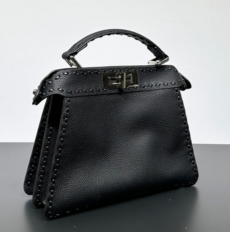 本革ハンドバッグ  ステッチ入りバッグ 2wayバッグ エトゥープ 黒茶 レディース