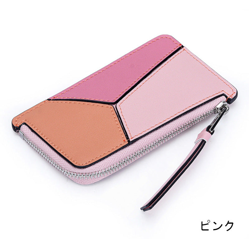 薄型財布 ラウンドファスナー レディース 本革二つ折り財布 本革コインケース パズル風 黒 ピンク