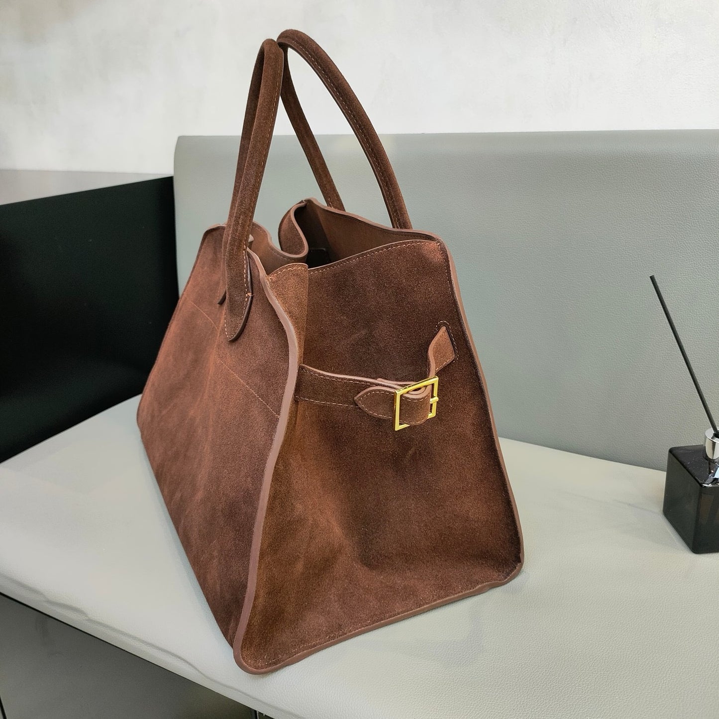 サイドベルト本革トートバッグ 10 12インチ スエード 2wayタイプバック ブラック トープ エクリュ