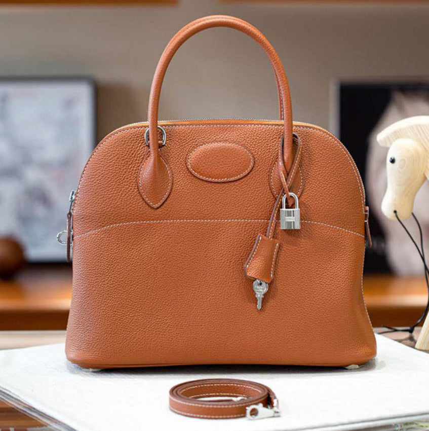 本革ブガッティハンドバッグ プレミア エトゥープ 黒 ブルージーン 31cm ボリード風 レディース