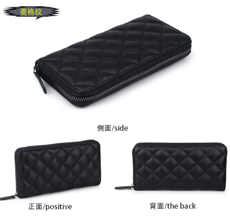 羊革財布 ラムスキン財布 マトラッセ財布 本革ラウンドファスナー長財布 黒 ブラック