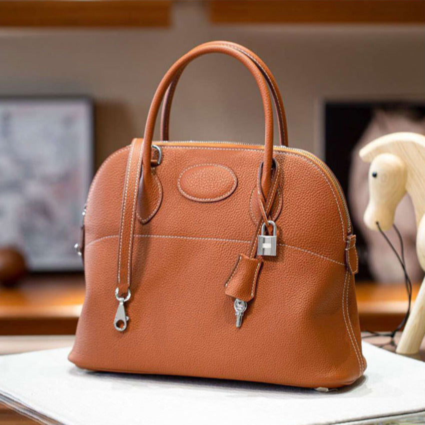 本革ブガッティハンドバッグ プレミア エトゥープ 黒 ブルージーン 31cm ボリード風 レディース