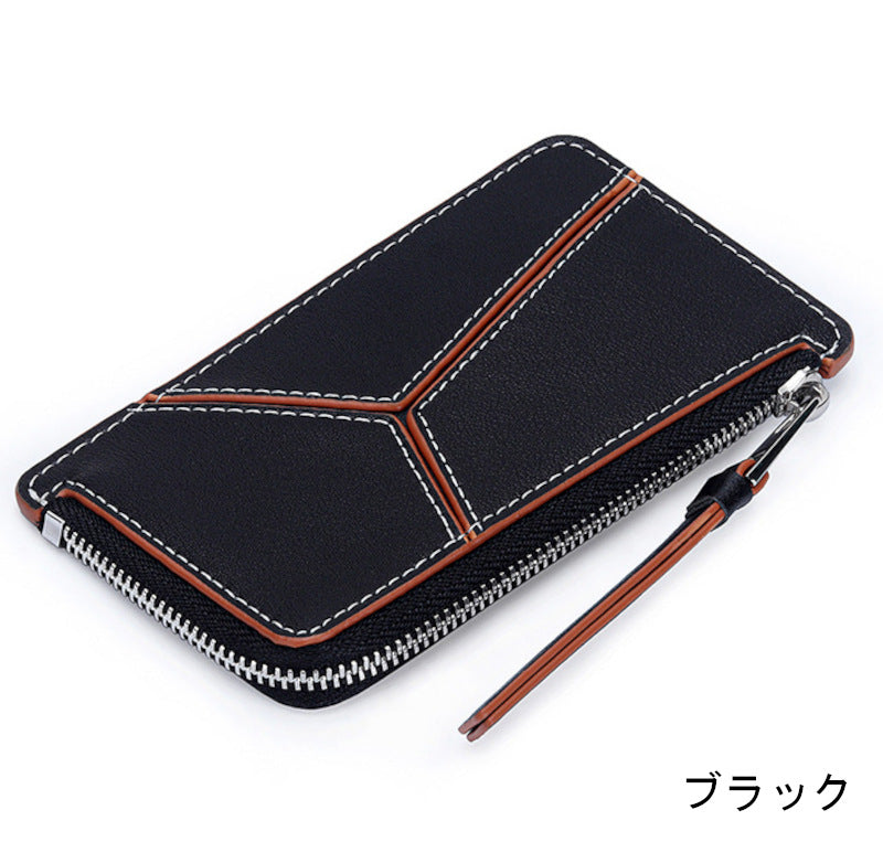 薄型財布 ラウンドファスナー レディース 本革二つ折り財布 本革コインケース パズル風 黒 ピンク