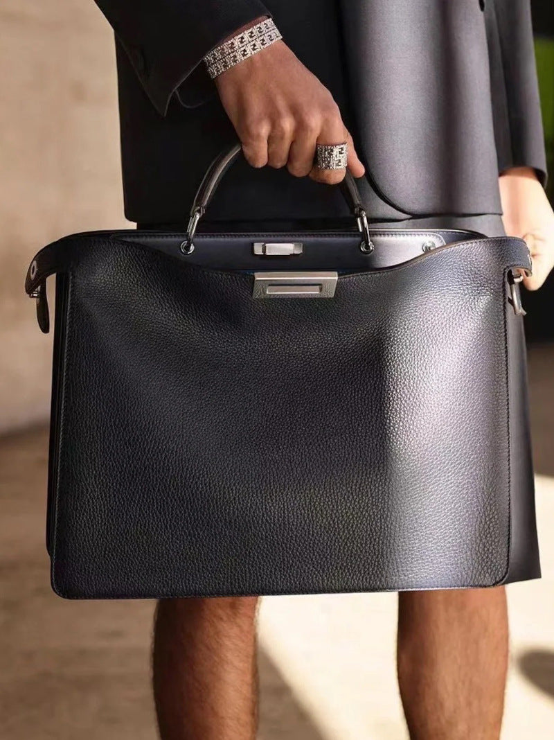 本革ハンドバッグ ステッチ入りバッグ ビジネスバッグ グレー ブラック 黒 ユニセックス