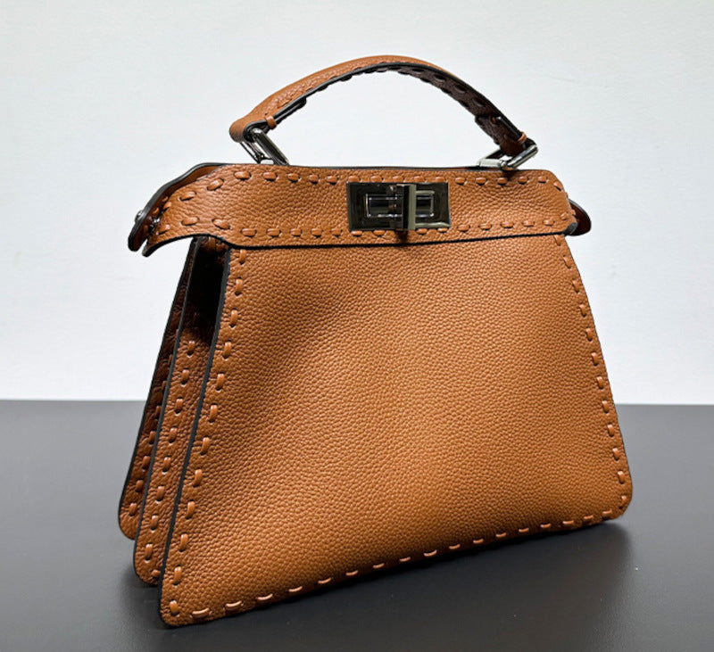 本革ハンドバッグ  ステッチ入りバッグ 2wayバッグ エトゥープ 黒茶 レディース