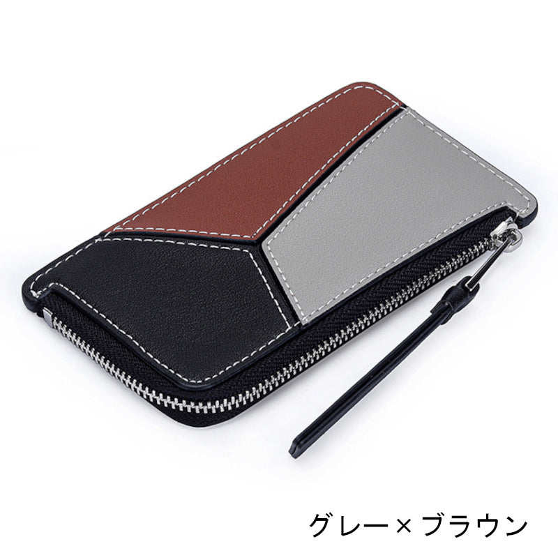 薄型財布 ラウンドファスナー レディース 本革二つ折り財布 本革コインケース パズル風 黒 ピンク