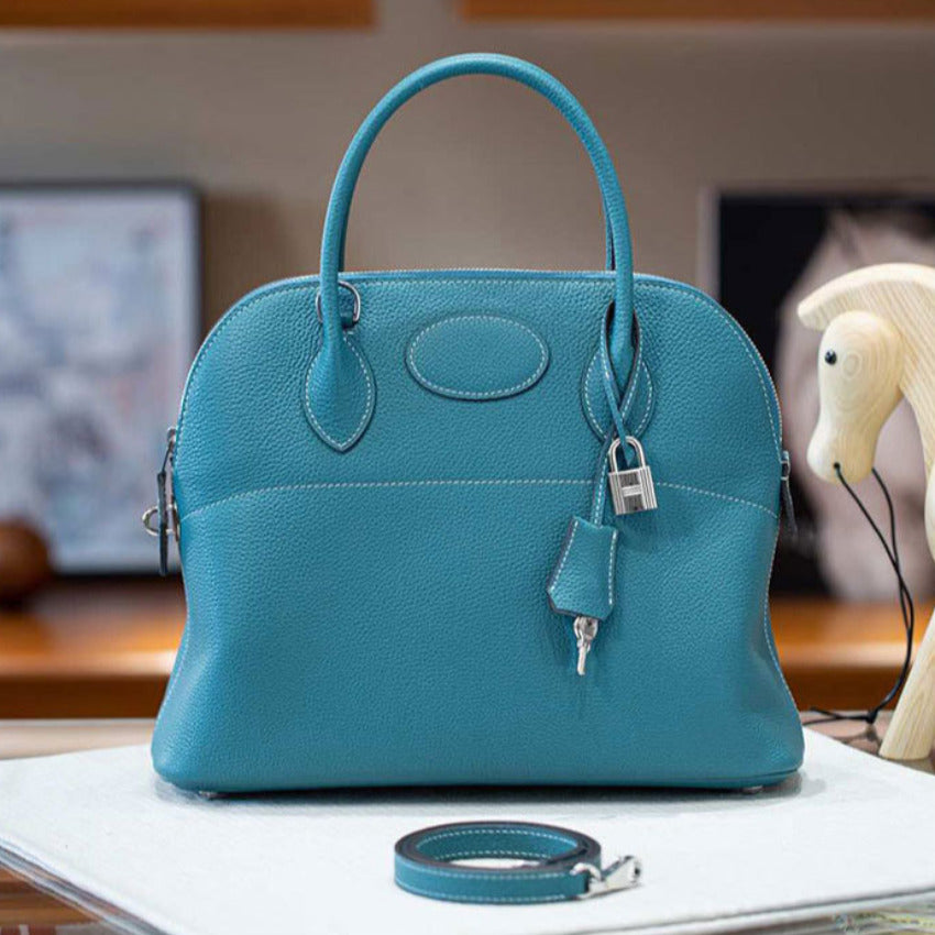 本革ブガッティハンドバッグ プレミア エトゥープ 黒 ブルージーン 31cm ボリード風 レディース